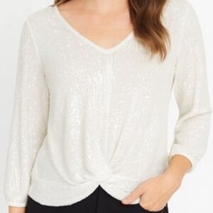 Cable & Gauge Ivory sequin embellishment V-neckline long sleeves Twist Front Hem